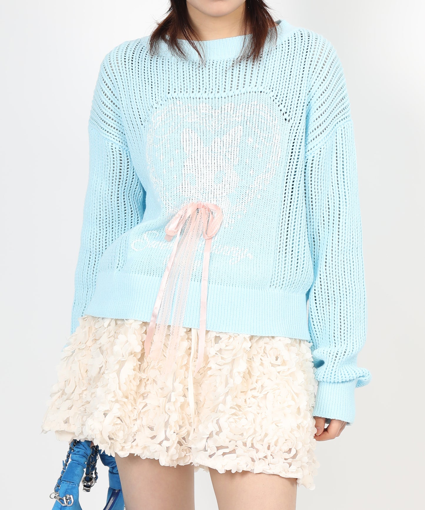 HOOK for girls ハートうさぎ透かし編みリボン付きニットプルオーバー