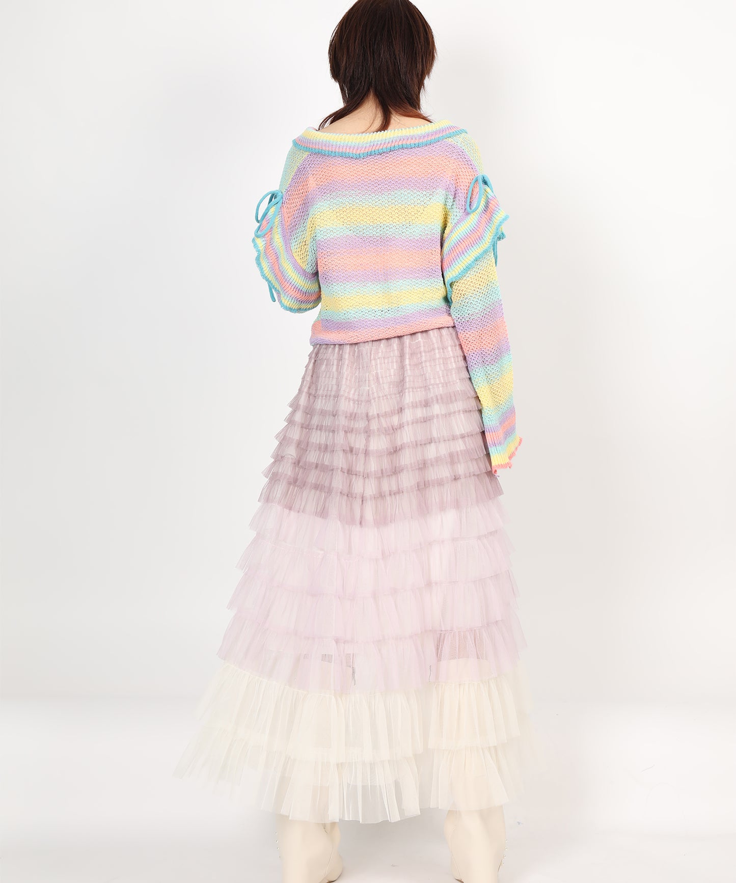 HOOK for girls　透かし編みマルチカラーフリルニットカーディガン