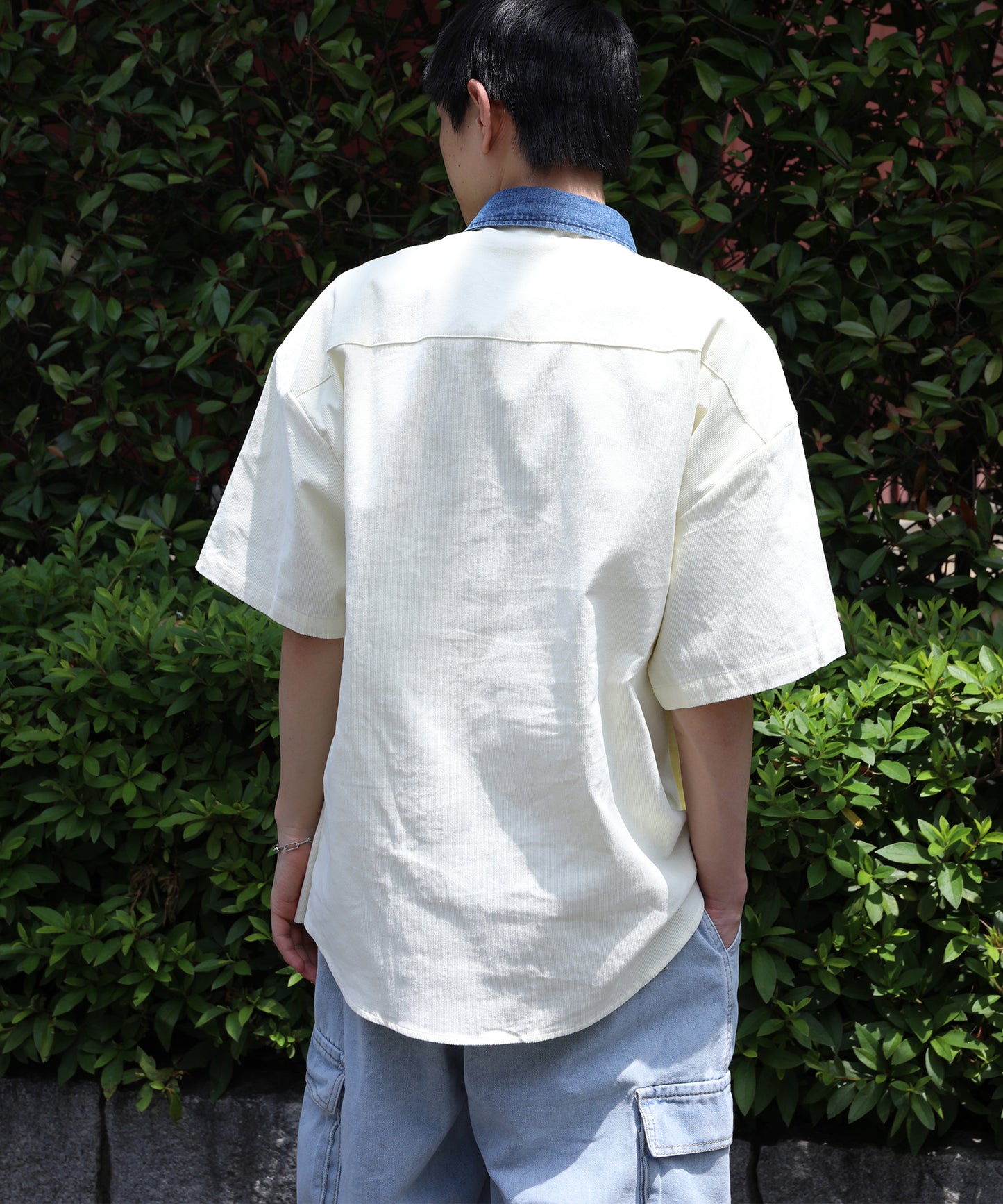 【HOOK -select- 】レトロ調人物刺繍夏コーデュロイ半袖シャツ