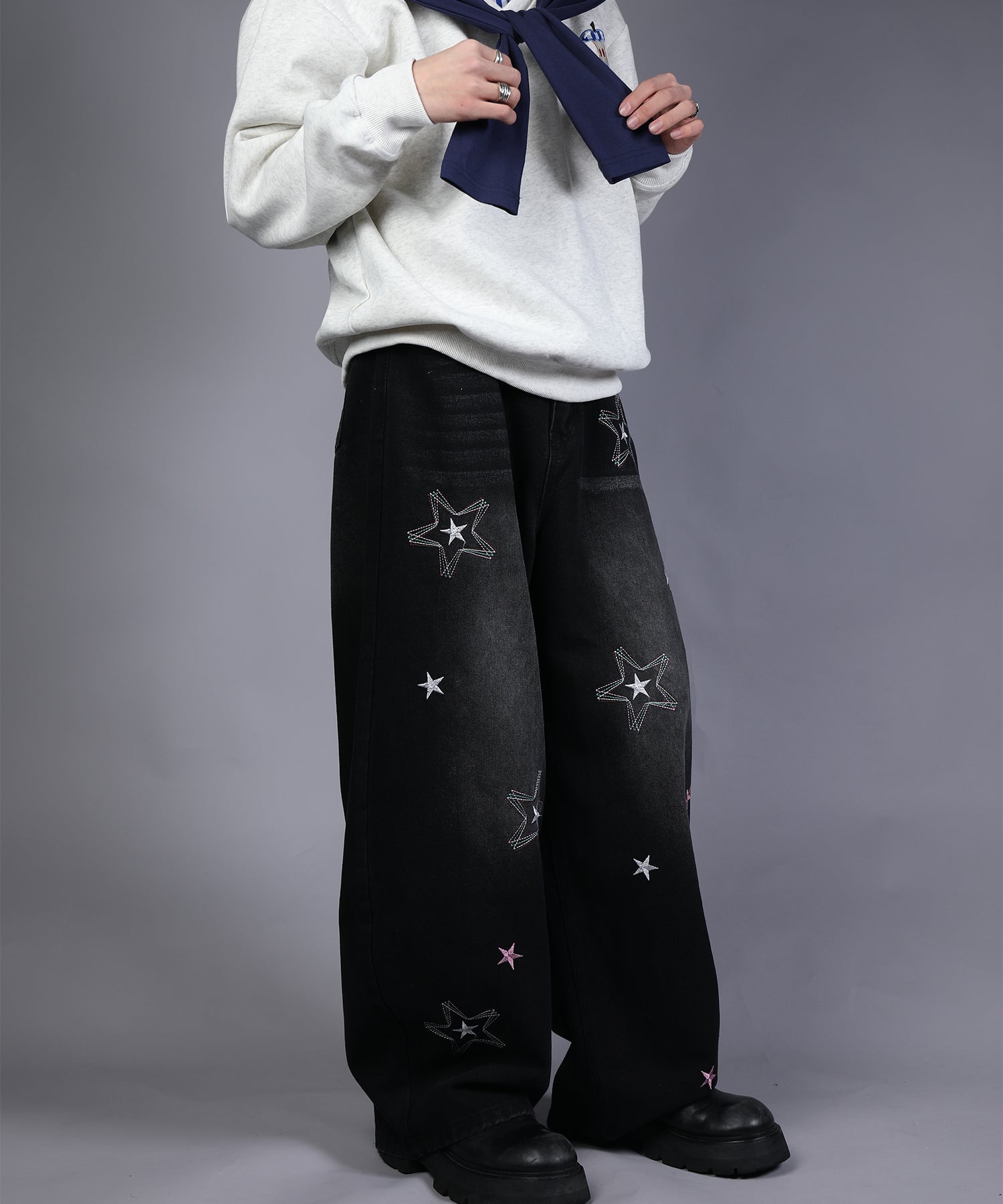 HOOK -select- 　スター刺繍デザイン ワイドデニムパンツ