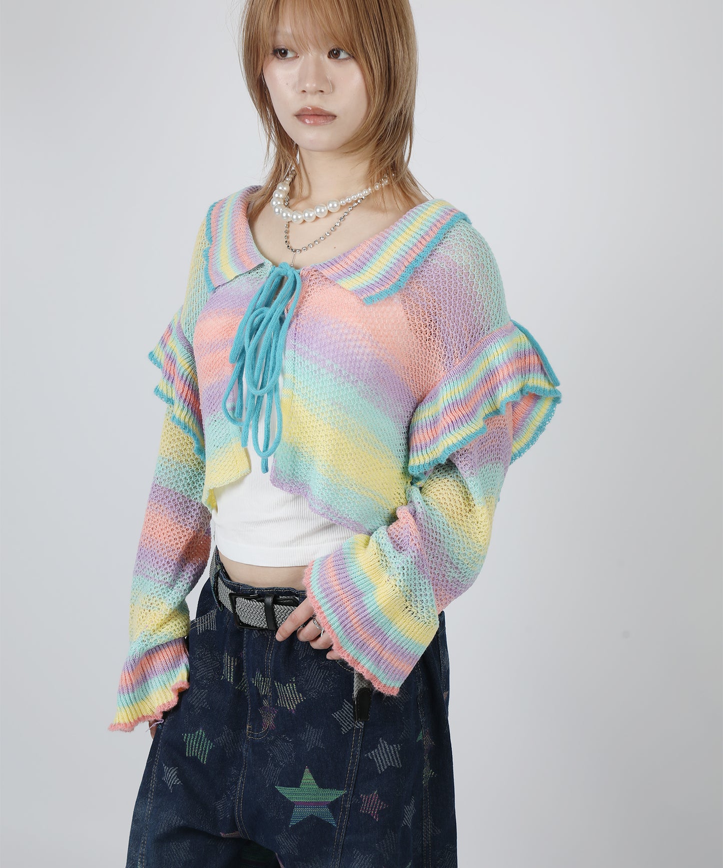 HOOK for girls　透かし編みマルチカラーフリルニットカーディガン