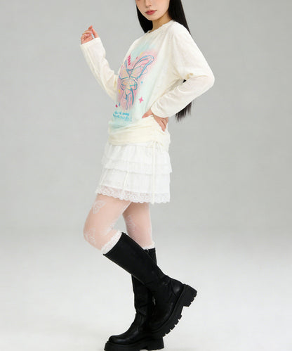 HOOK for girls　キラキラストーン × バタフライプリント ダメージメッシュ カットソー