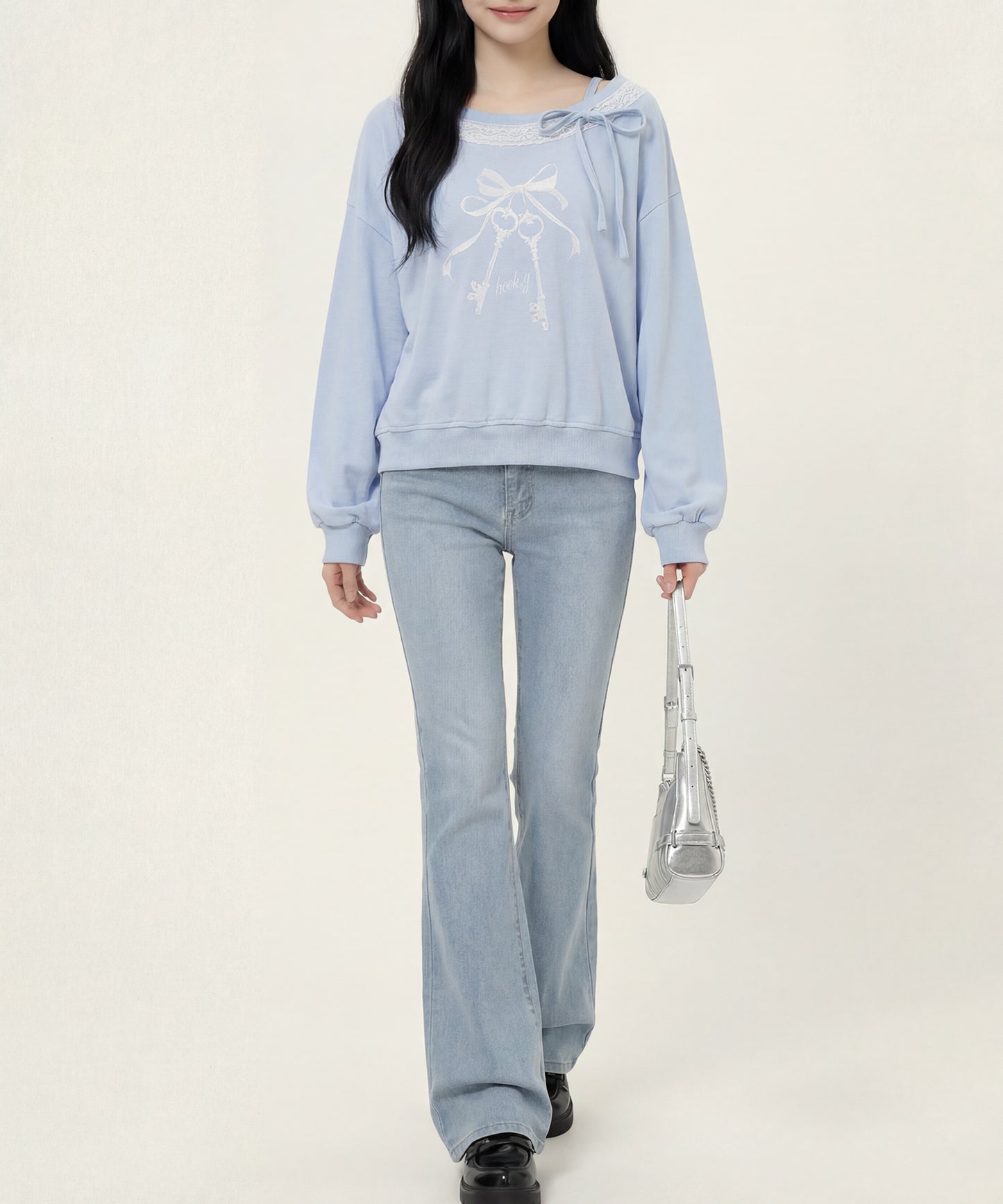 HOOK　for girls -original-　リボンキープリントレースワンショルダーリブトップス