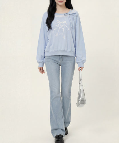 HOOK　for girls -original-　リボンキープリントレースワンショルダーリブトップス