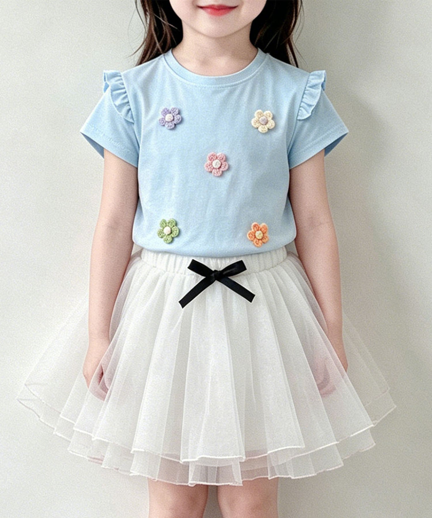 【aimoha-KIDS-】フラワーモチーフフリルTシャツ (SS)