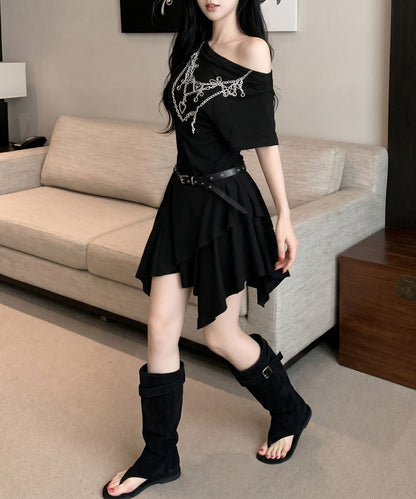 HOOK for girls　ベルト付き アシメヘム チェーンプリント ペプラム 半袖 Tシャツ (SS)