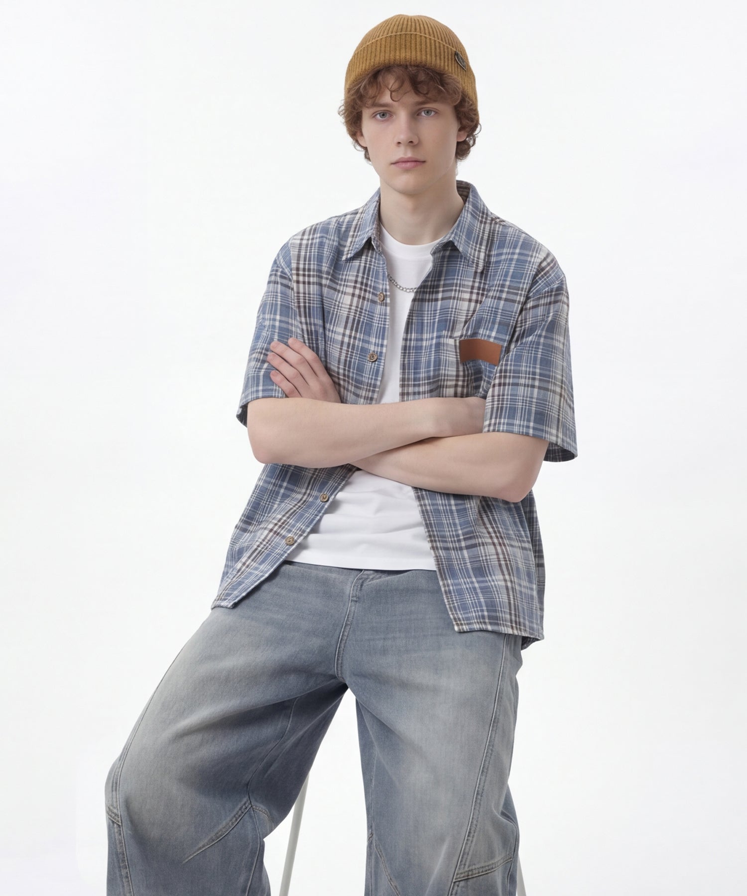 HOOK -original- Big Shirt with Tartan Check Leather Patch