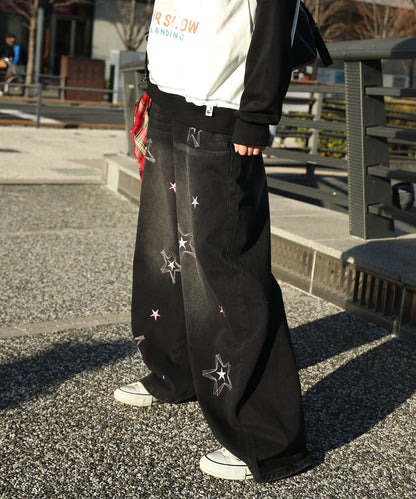 HOOK -select- 　スター刺繍デザイン ワイドデニムパンツ