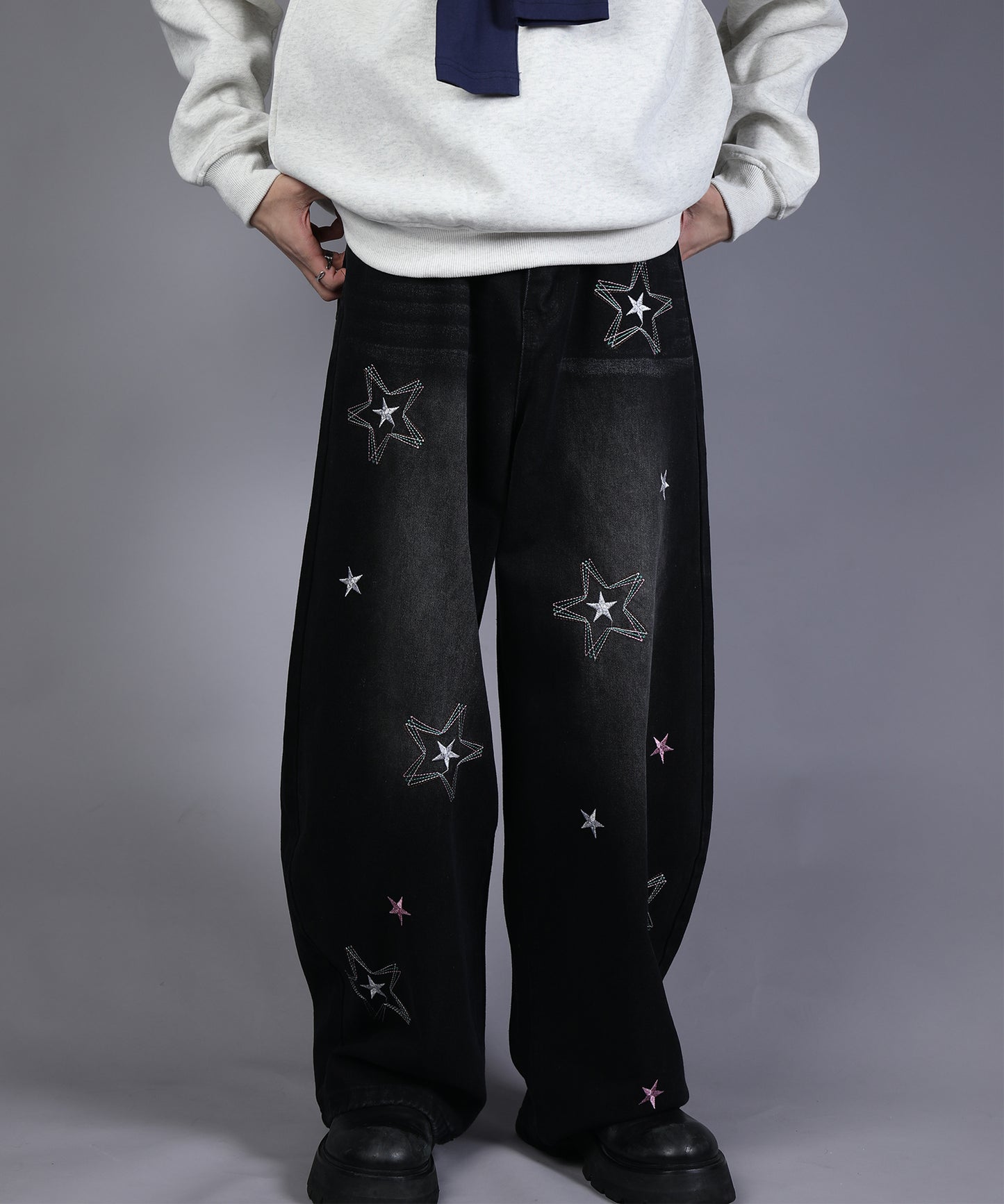 HOOK -select- 　スター刺繍デザイン ワイドデニムパンツ
