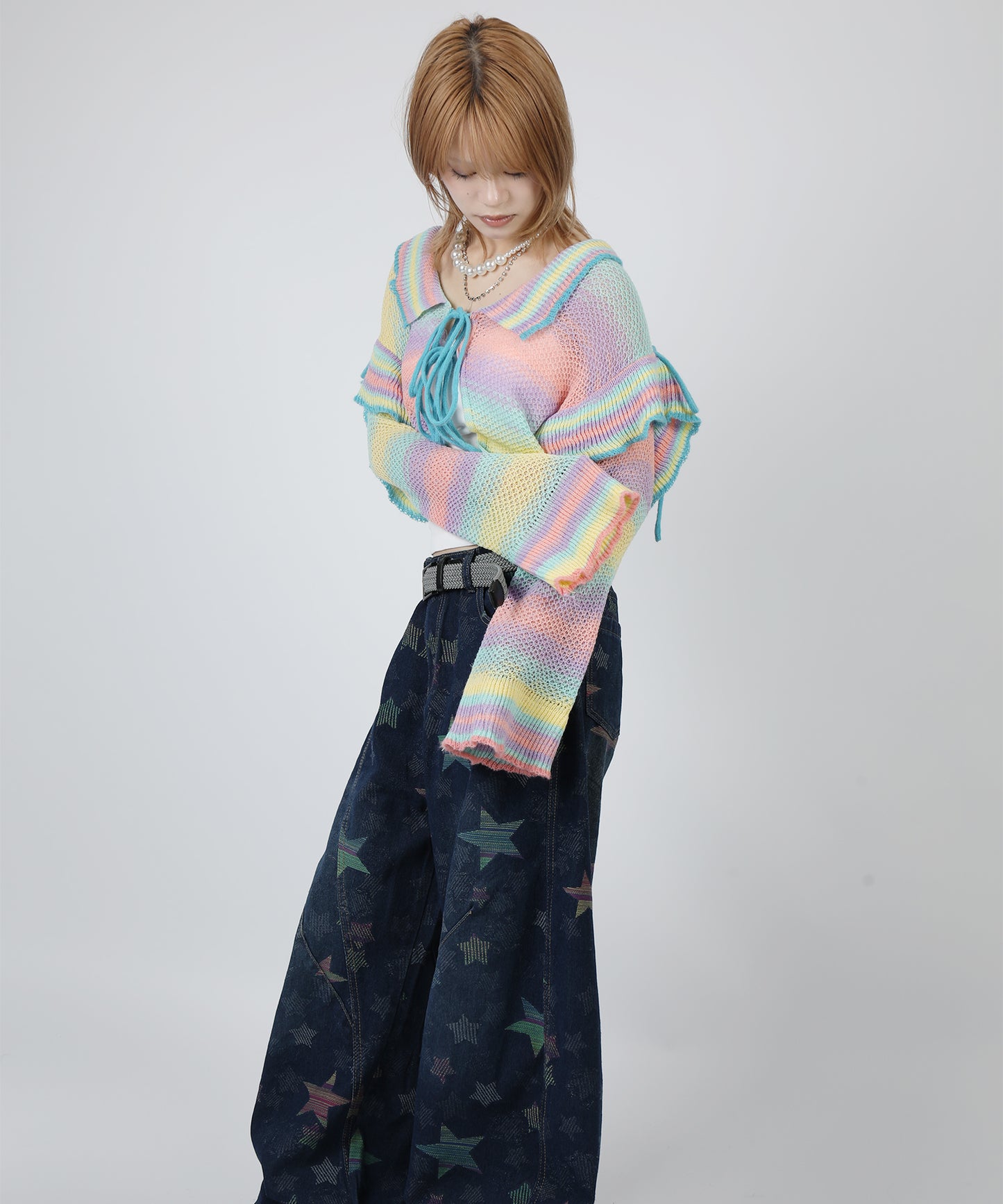 HOOK for girls　透かし編みマルチカラーフリルニットカーディガン