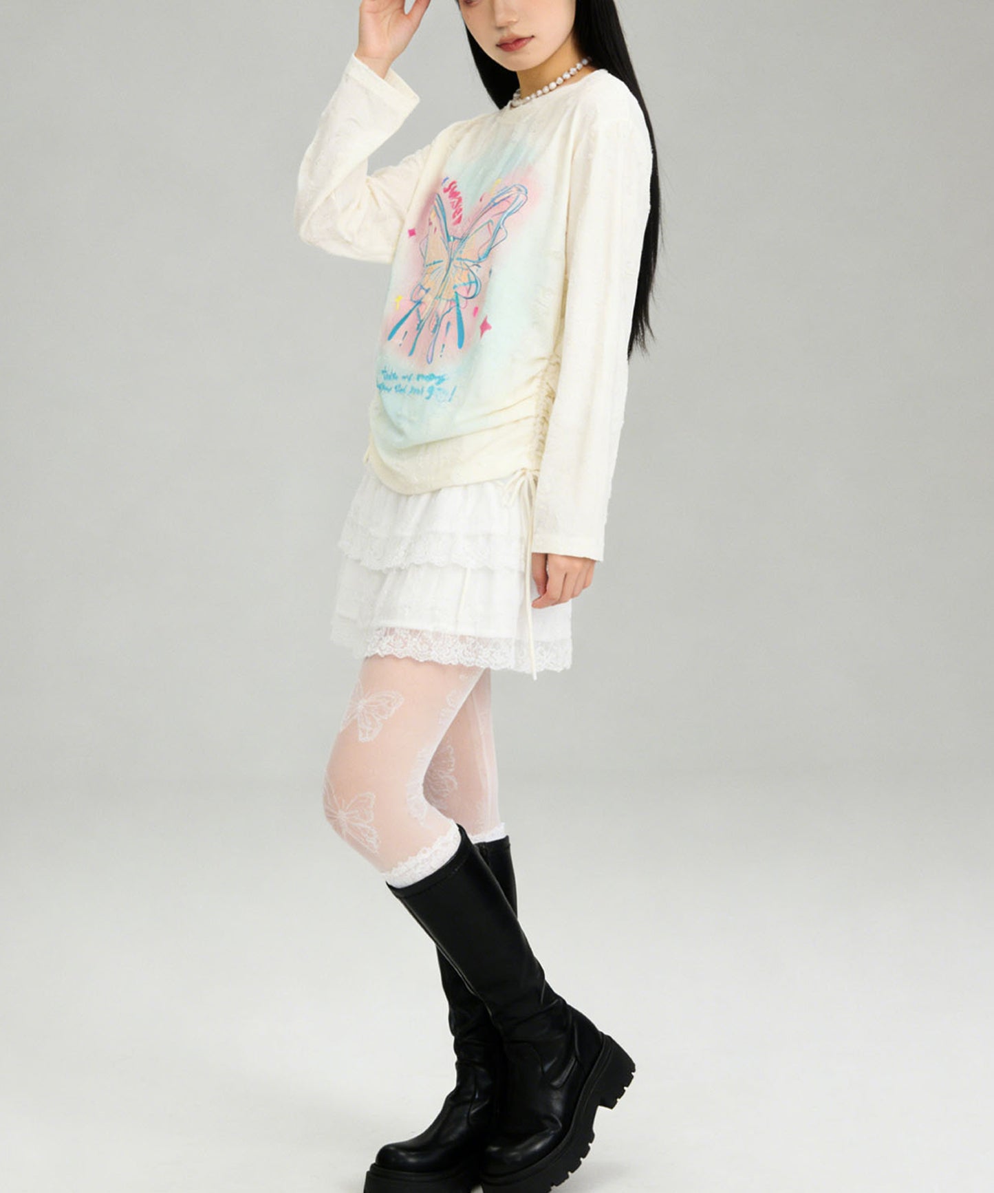 HOOK for girls　キラキラストーン × バタフライプリント ダメージメッシュ カットソー