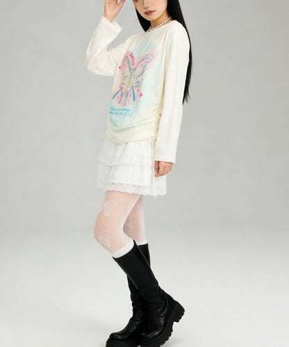 HOOK for girls　キラキラストーン × バタフライプリント ダメージメッシュ カットソー