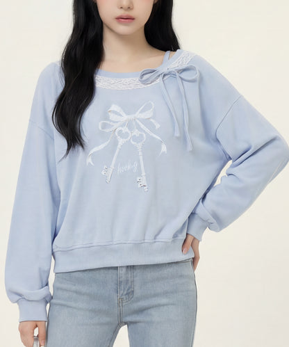 HOOK　for girls -original-　リボンキープリントレースワンショルダーリブトップス