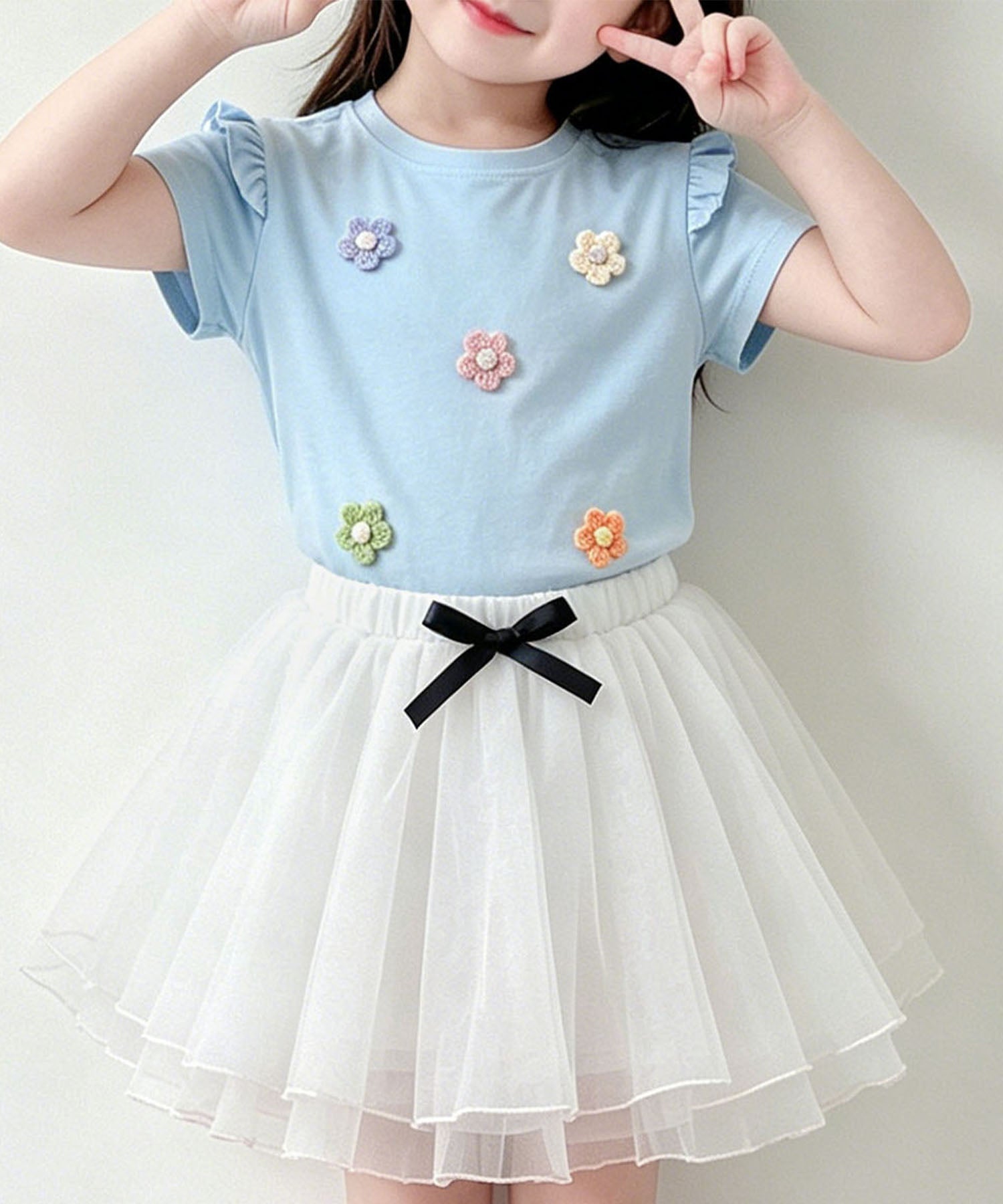 【aimoha-KIDS-】フラワーモチーフフリルTシャツ (SS)