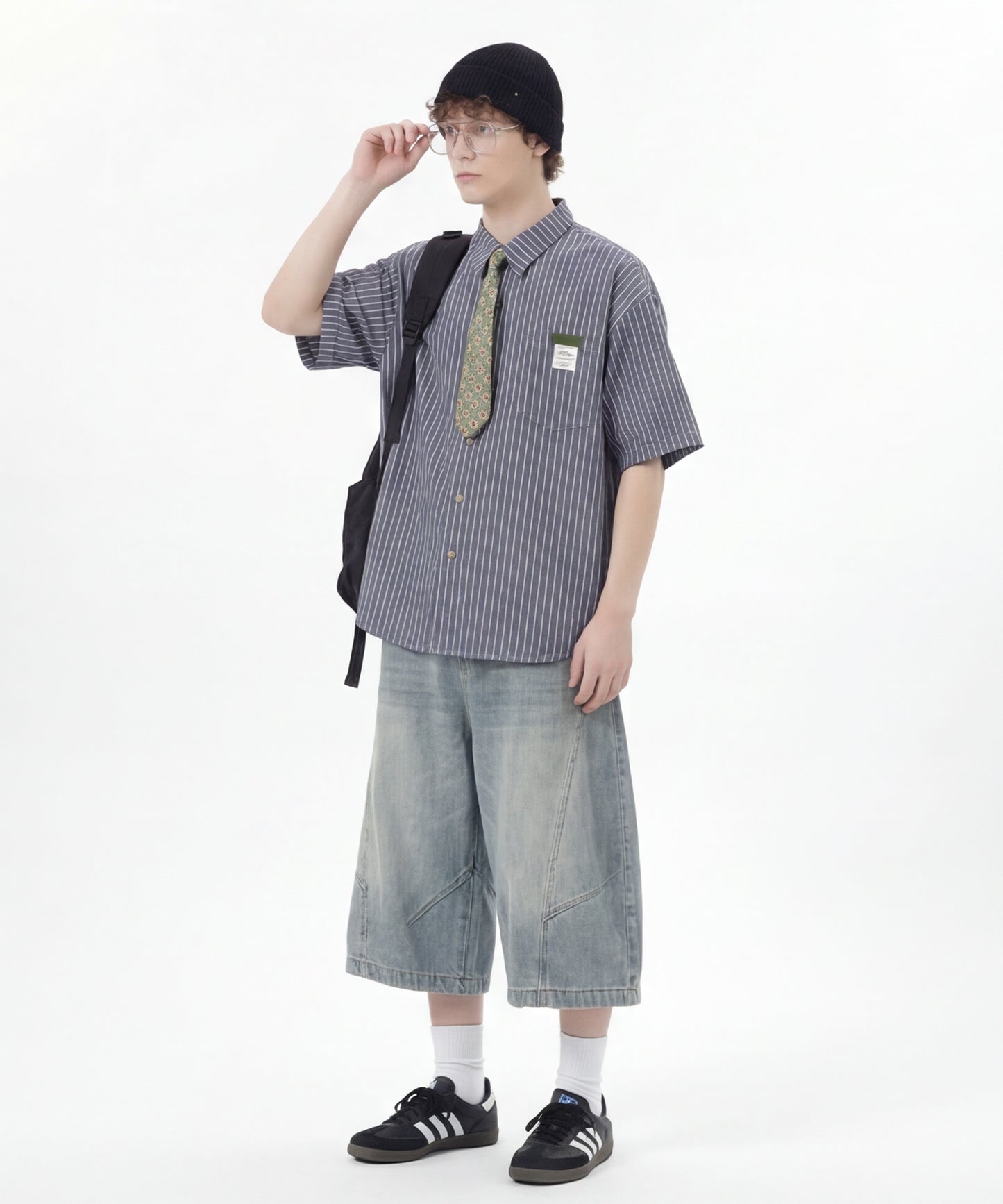 ネクタイ付き半袖グリッドチェックシャツ (SS)
