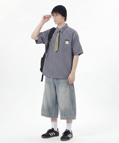 ネクタイ付き半袖グリッドチェックシャツ (SS)