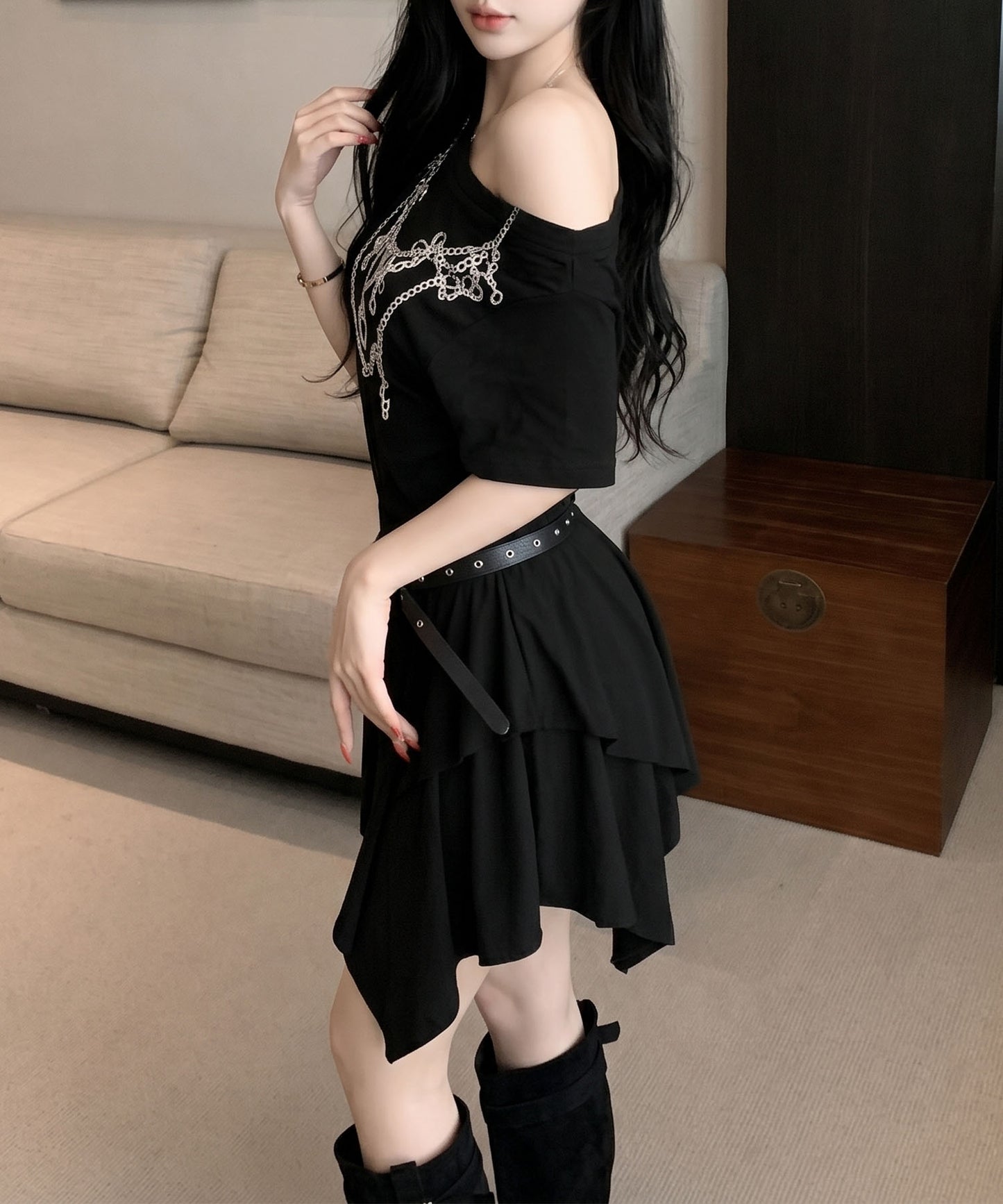 HOOK for girls　ベルト付き アシメヘム チェーンプリント ペプラム 半袖 Tシャツ (SS)