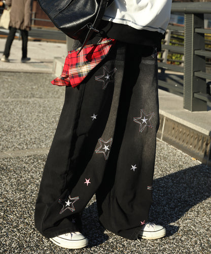 HOOK -select- 　スター刺繍デザイン ワイドデニムパンツ