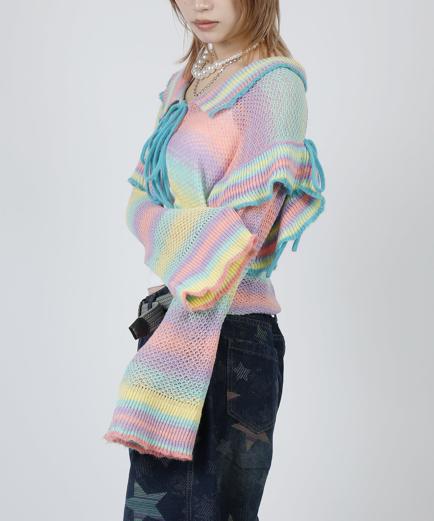 HOOK for girls　透かし編みマルチカラーフリルニットカーディガン