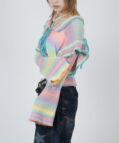 HOOK for girls　透かし編みマルチカラーフリルニットカーディガン