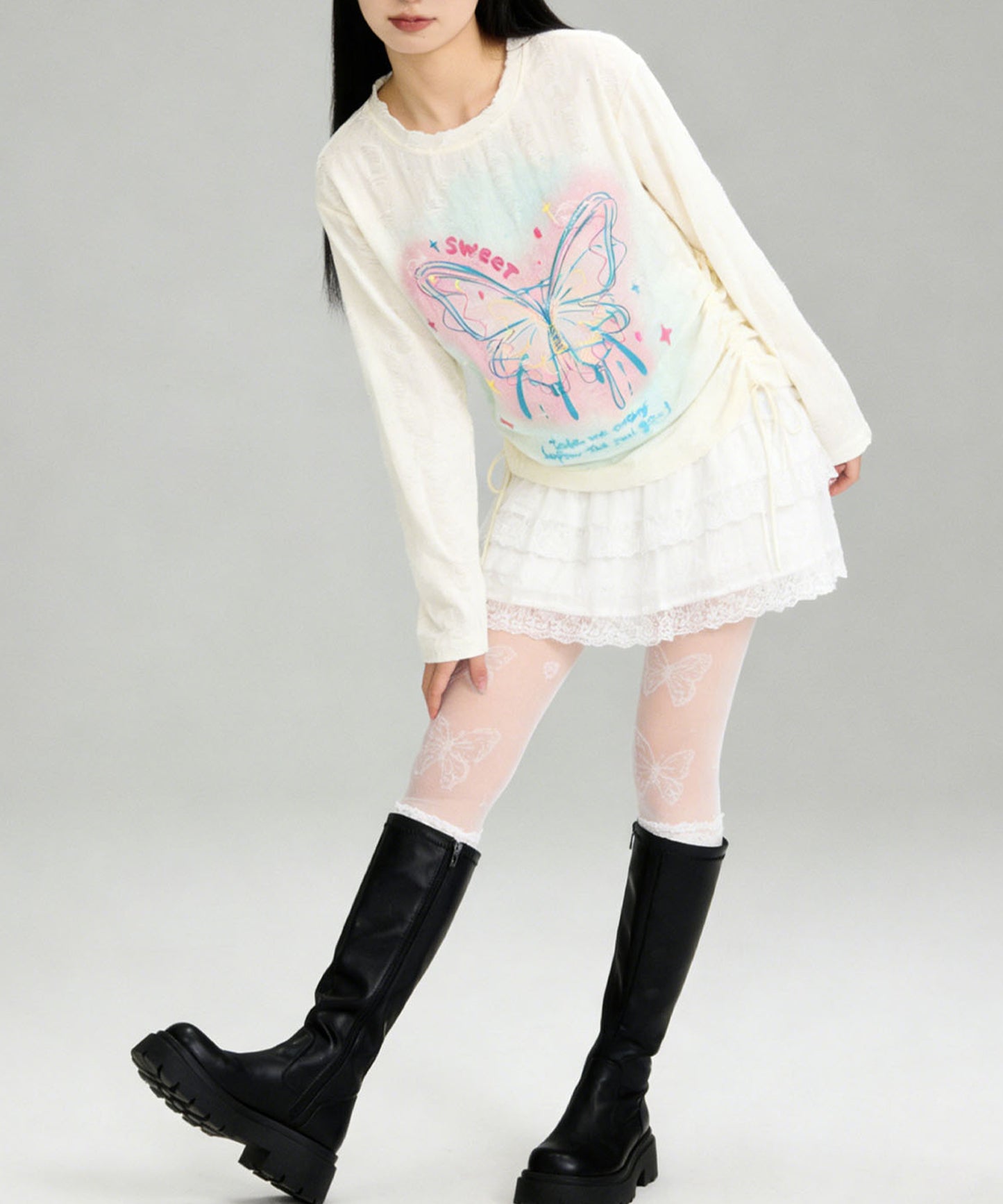 HOOK for girls　キラキラストーン × バタフライプリント ダメージメッシュ カットソー