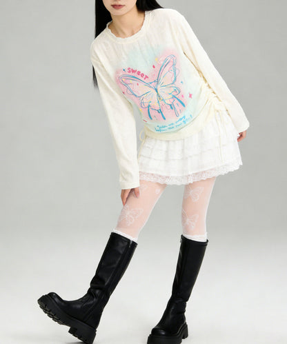 HOOK for girls　キラキラストーン × バタフライプリント ダメージメッシュ カットソー