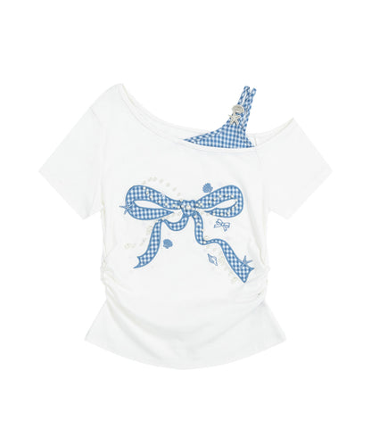 HOOK for girls　ギンガムリボンワンショルダー半袖トップス