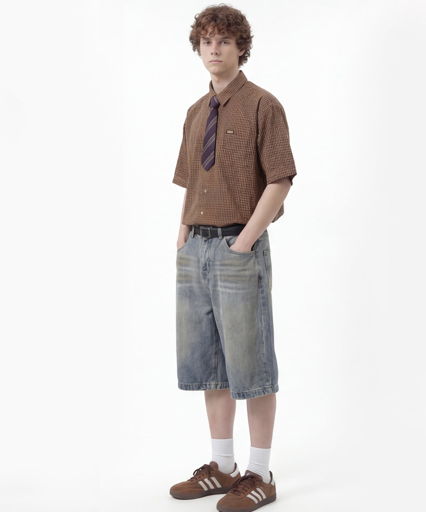 ネクタイ付き半袖グリッドチェックシャツ (SS)