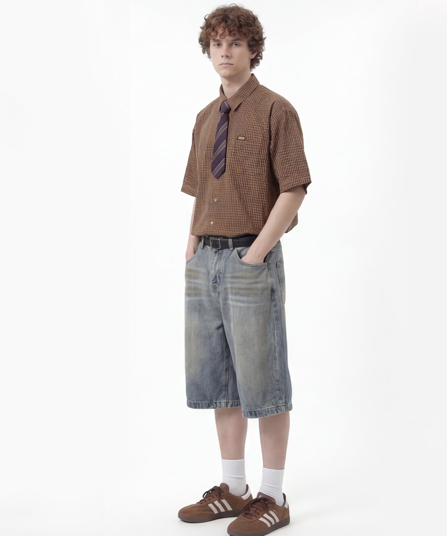 ネクタイ付き半袖グリッドチェックシャツ (SS)