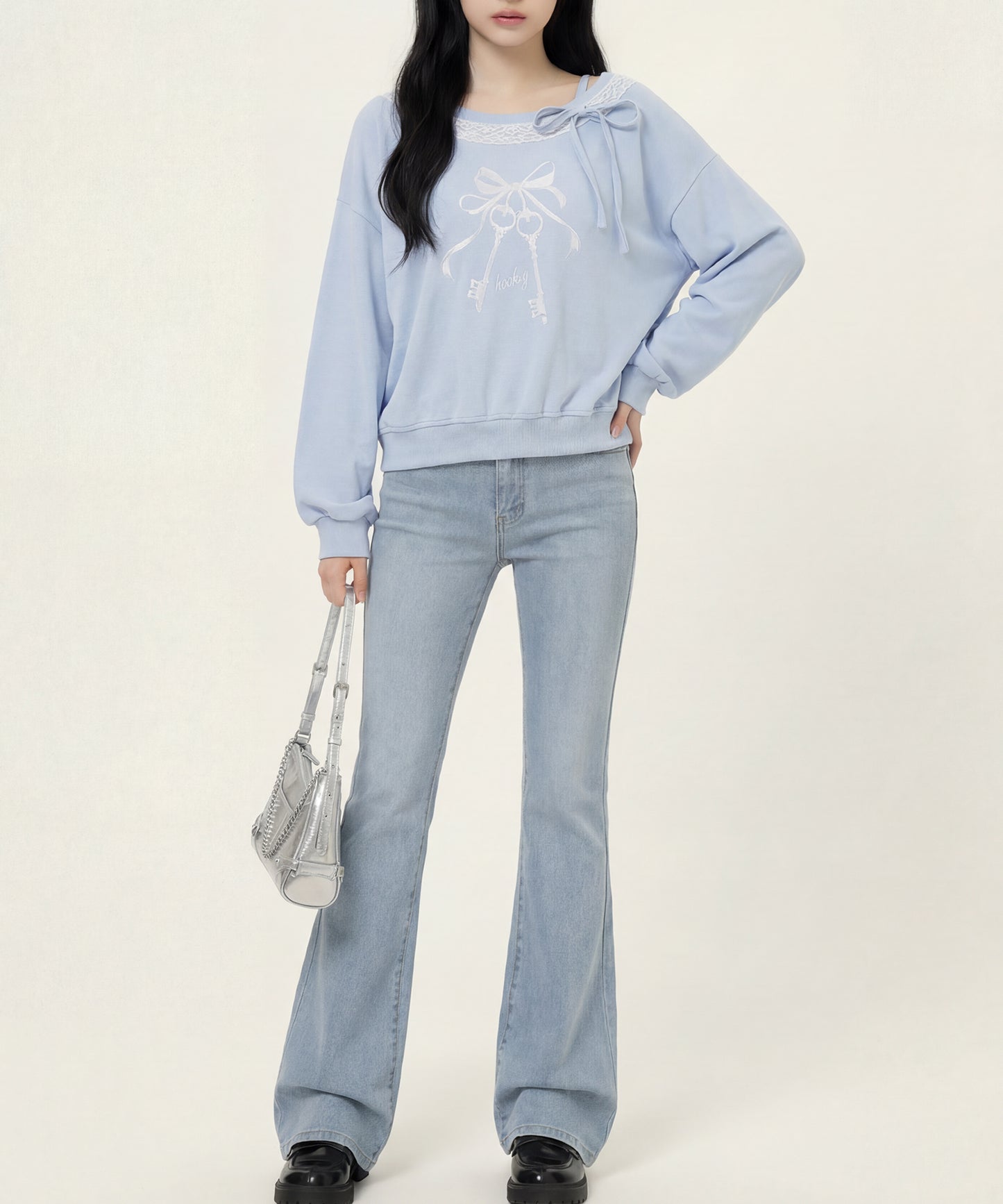 HOOK　for girls -original-　リボンキープリントレースワンショルダーリブトップス