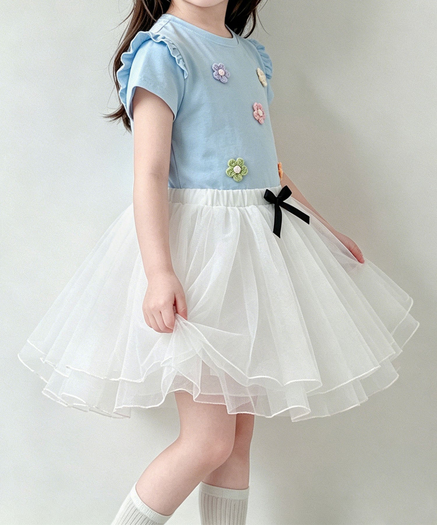 【aimoha-KIDS-】フラワーモチーフフリルTシャツ (SS)