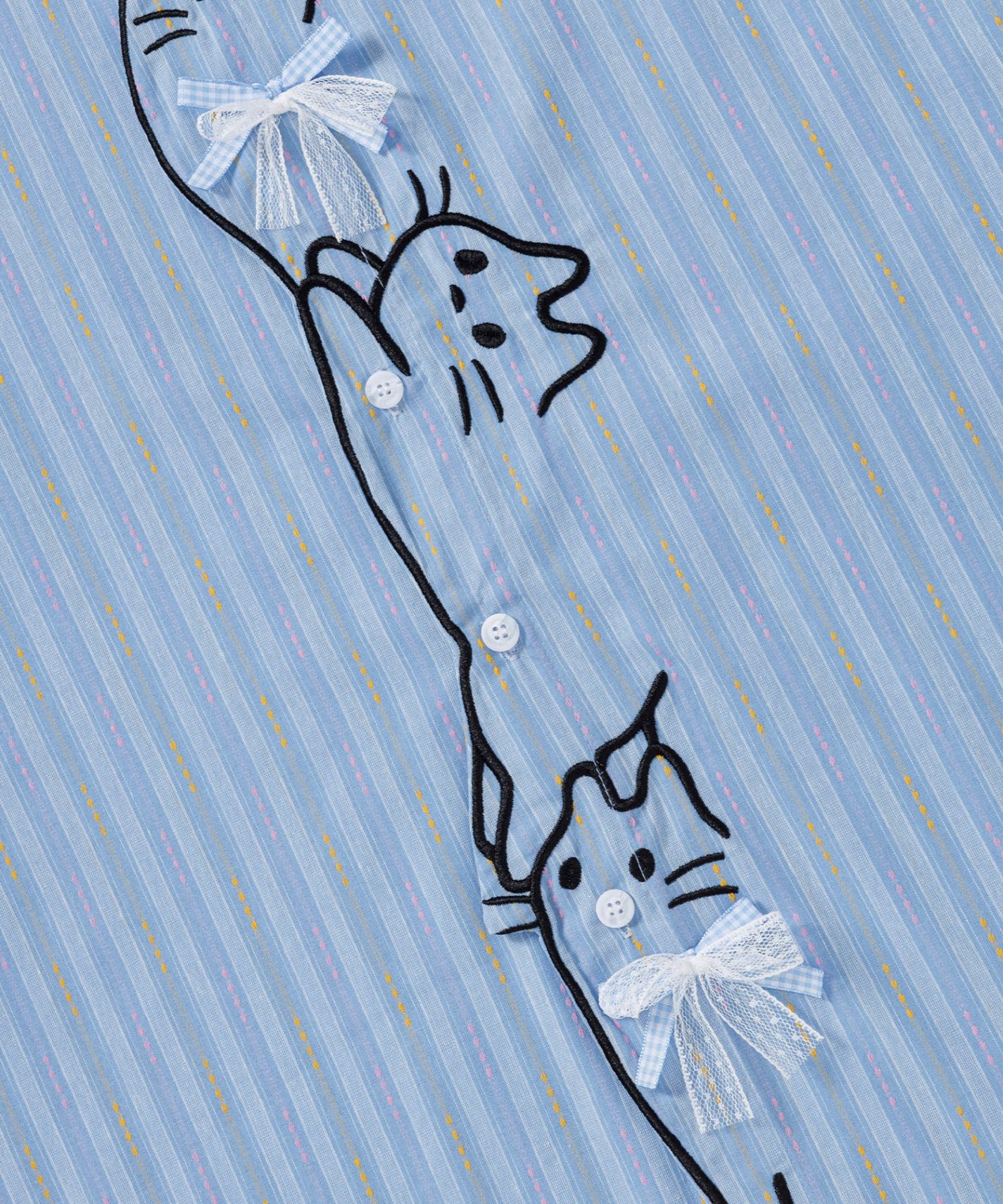 HOOK for girls　ぶら下がりネコ刺繍 × レースリボン 半袖マルチストライプシャツ (SS)