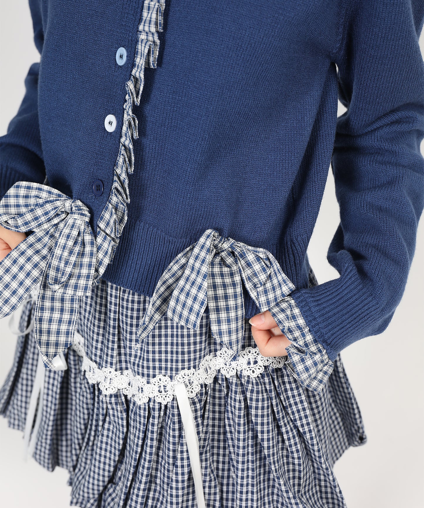 HOOK for girls ギンガムリボンショート丈ニットカーディガン