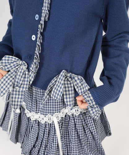 HOOK for girls ギンガムリボンショート丈ニットカーディガン