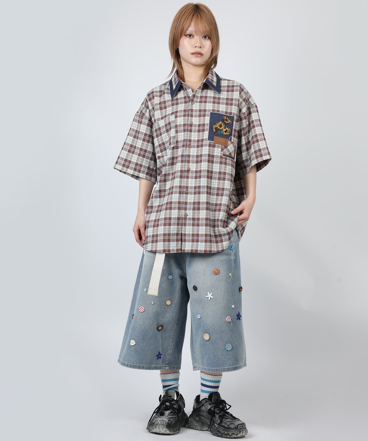HOOK -original- Retro Multi-Check Patchwork Sunflower Embroidered Short-Sleeve Shirt