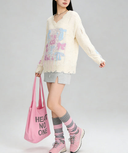 HOOK for girls　フリンジリボン柄 透かし編みサマーニット