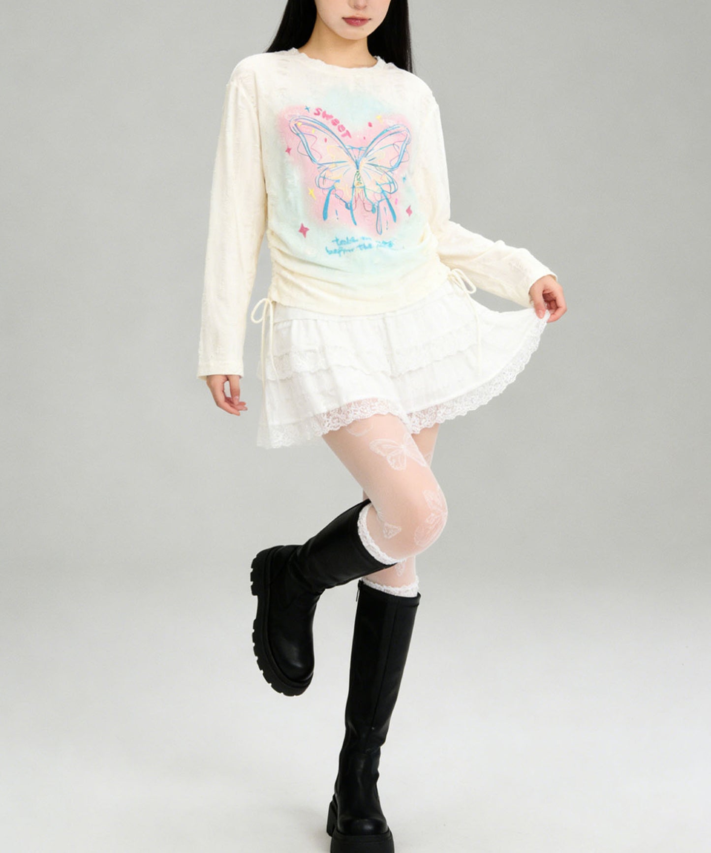 HOOK for girls　キラキラストーン × バタフライプリント ダメージメッシュ カットソー