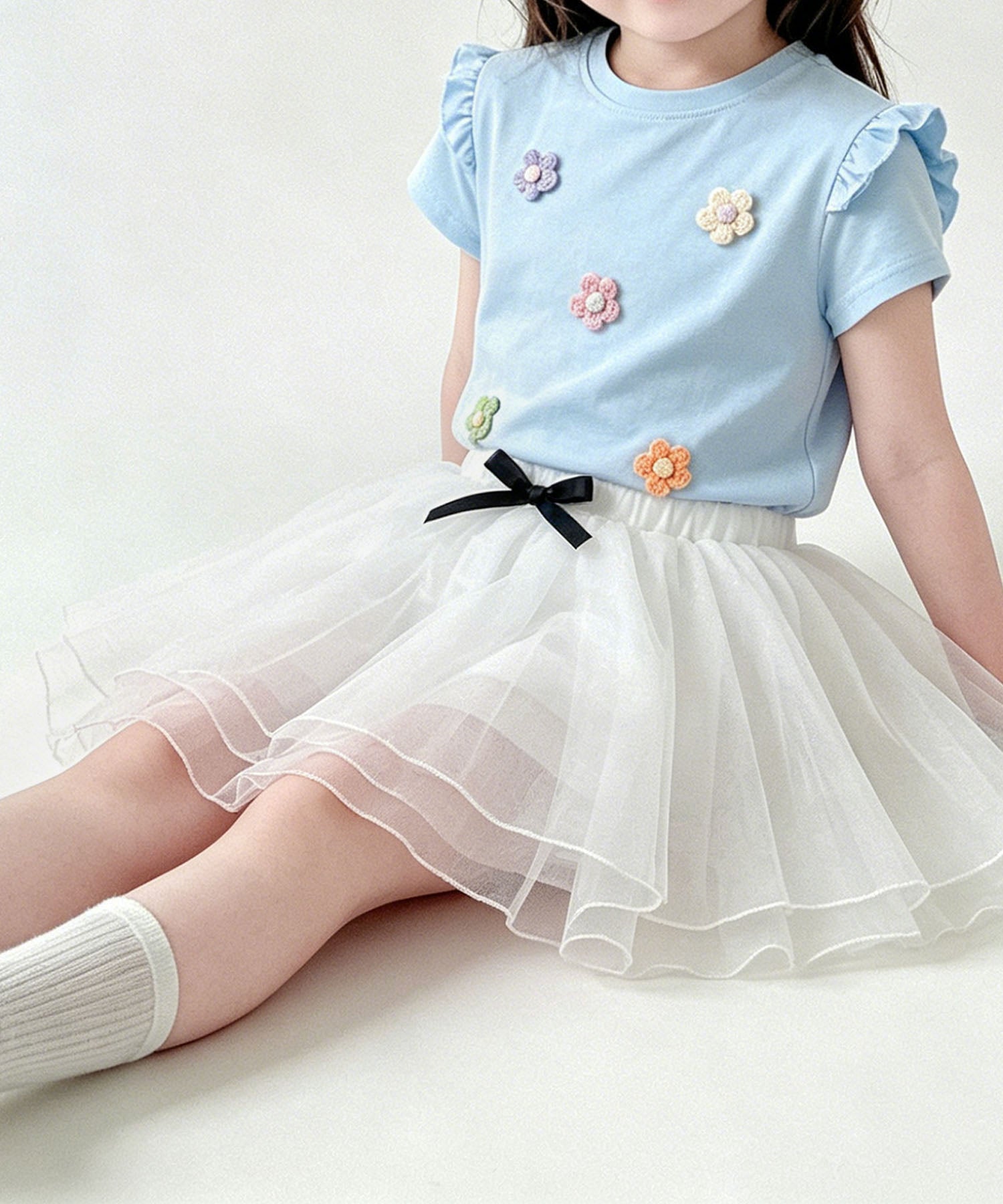【aimoha-KIDS-】フラワーモチーフフリルTシャツ (SS)