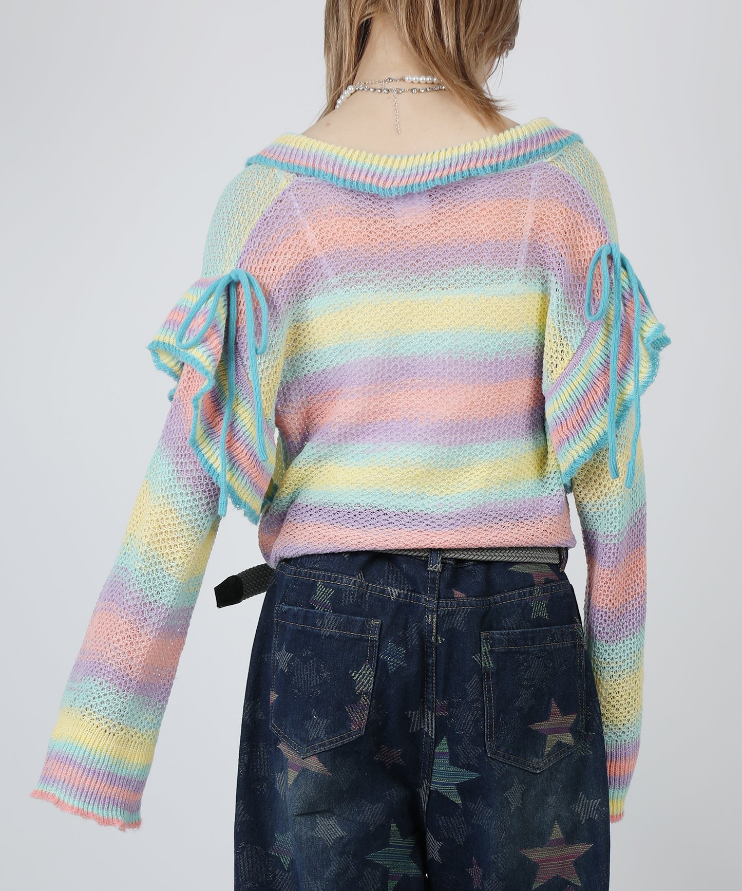 HOOK for girls　透かし編みマルチカラーフリルニットカーディガン