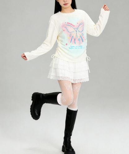 HOOK for girls　キラキラストーン × バタフライプリント ダメージメッシュ カットソー