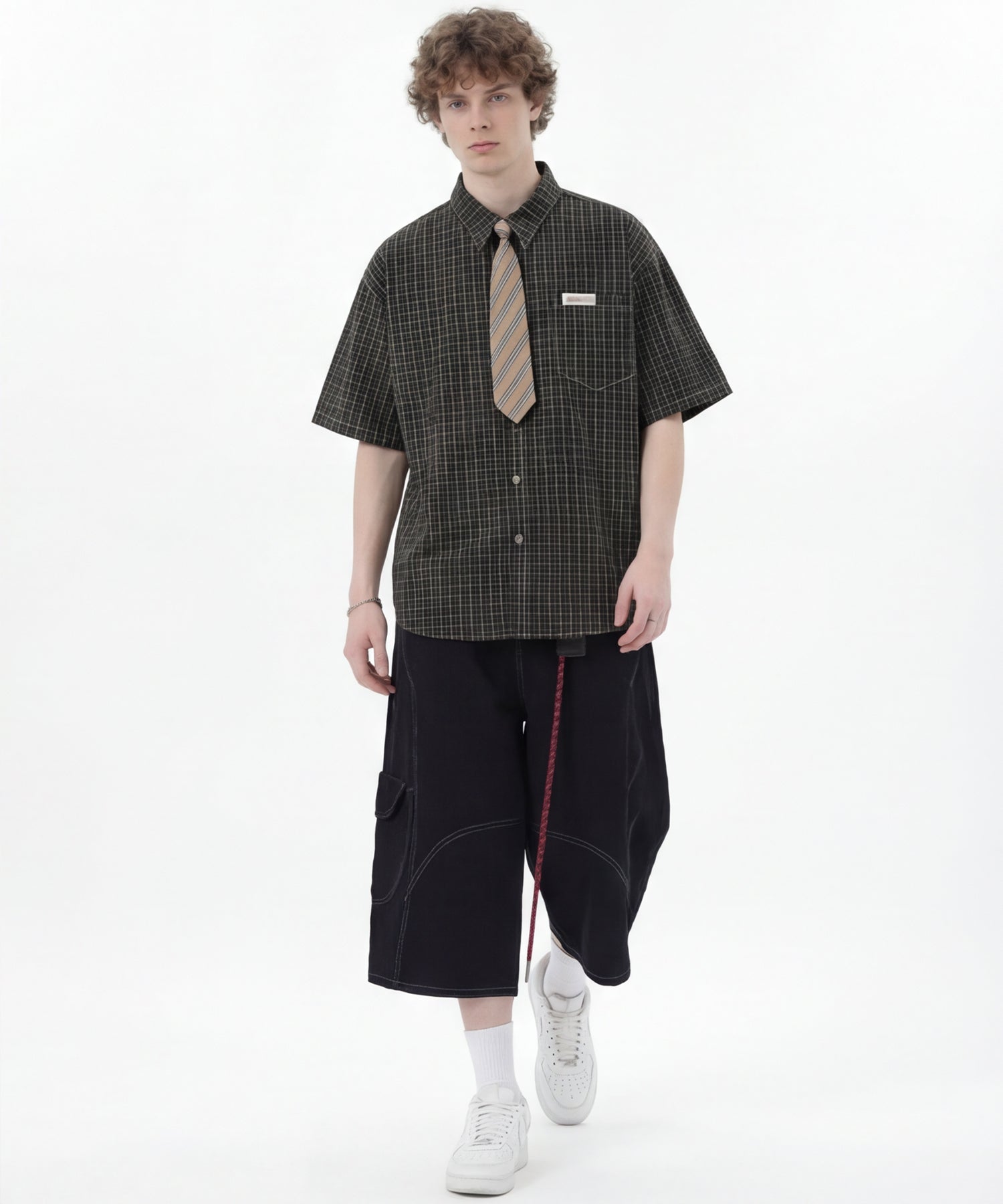 ネクタイ付き半袖グリッドチェックシャツ (SS)