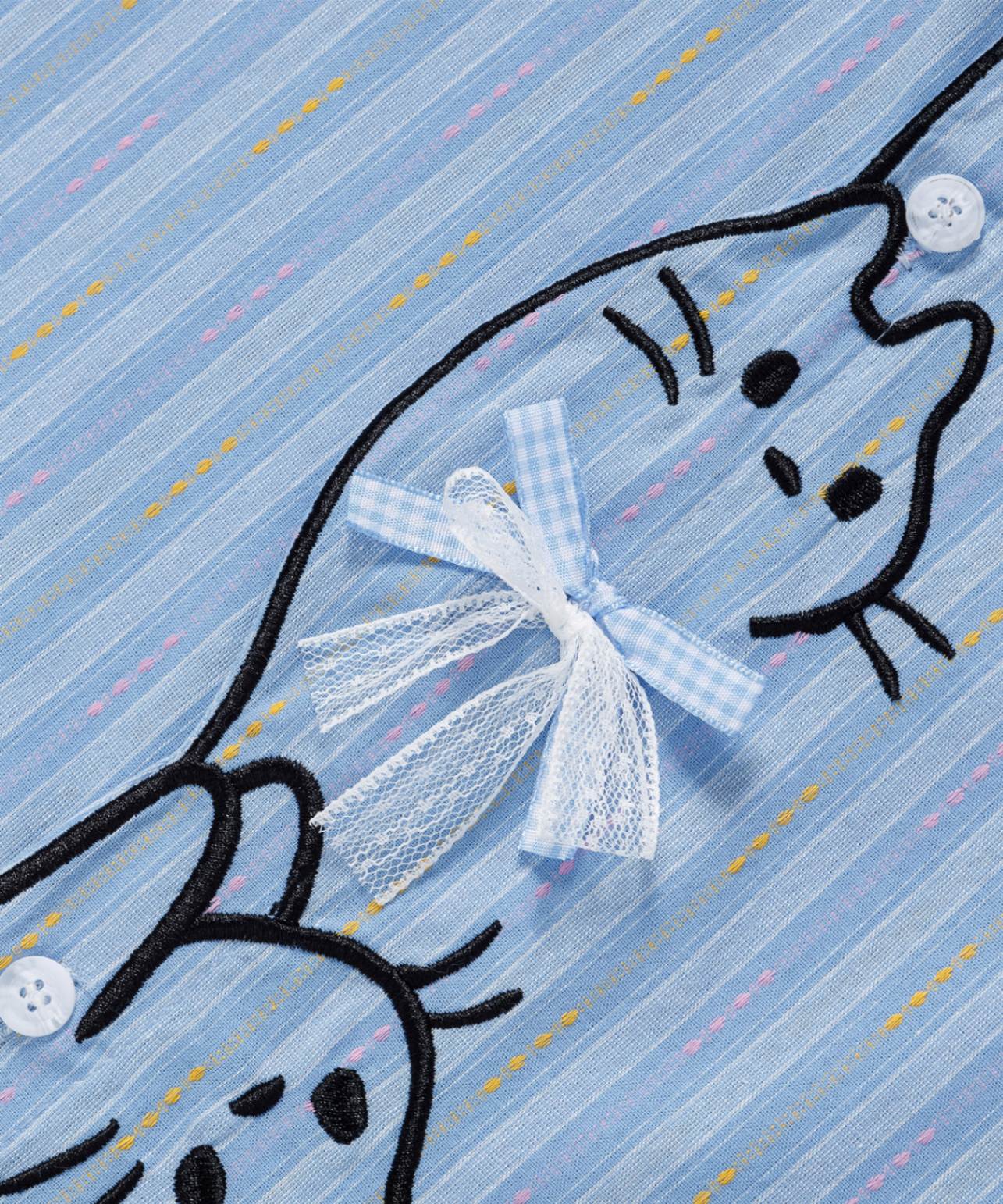 HOOK for girls　ぶら下がりネコ刺繍 × レースリボン 半袖マルチストライプシャツ (SS)