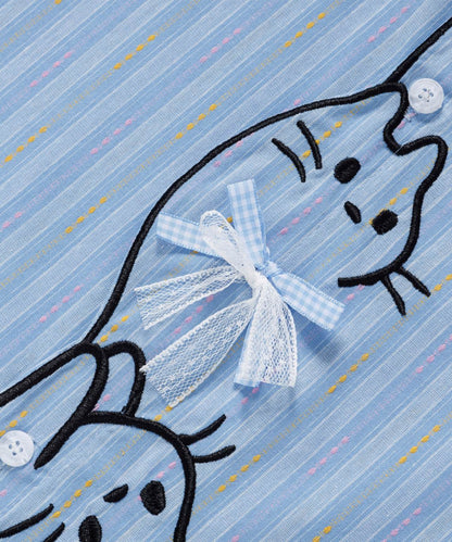 HOOK for girls　ぶら下がりネコ刺繍 × レースリボン 半袖マルチストライプシャツ (SS)