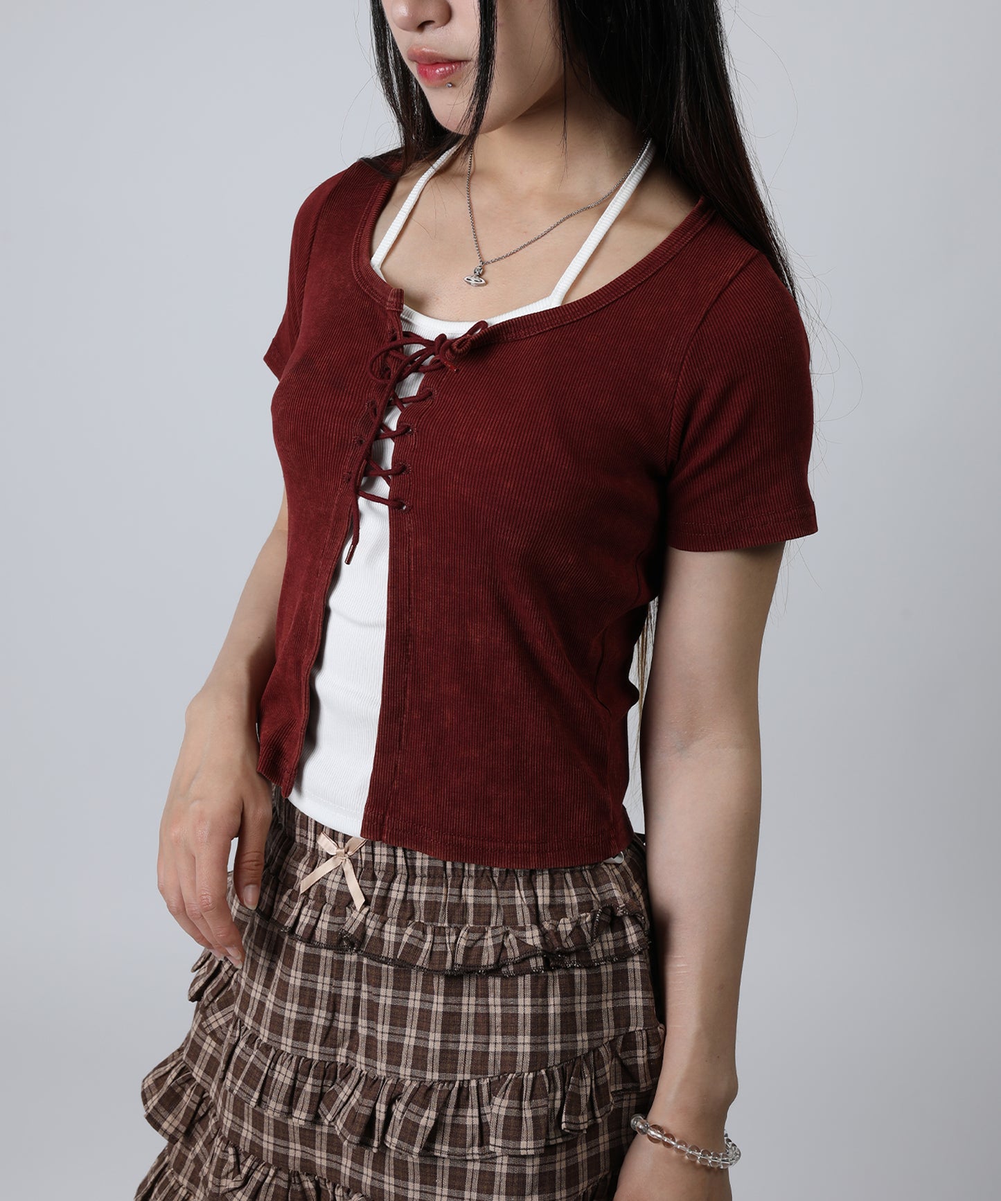 HOOK for girls キャミソールレイヤード風クロップド編み上げ半袖トップス