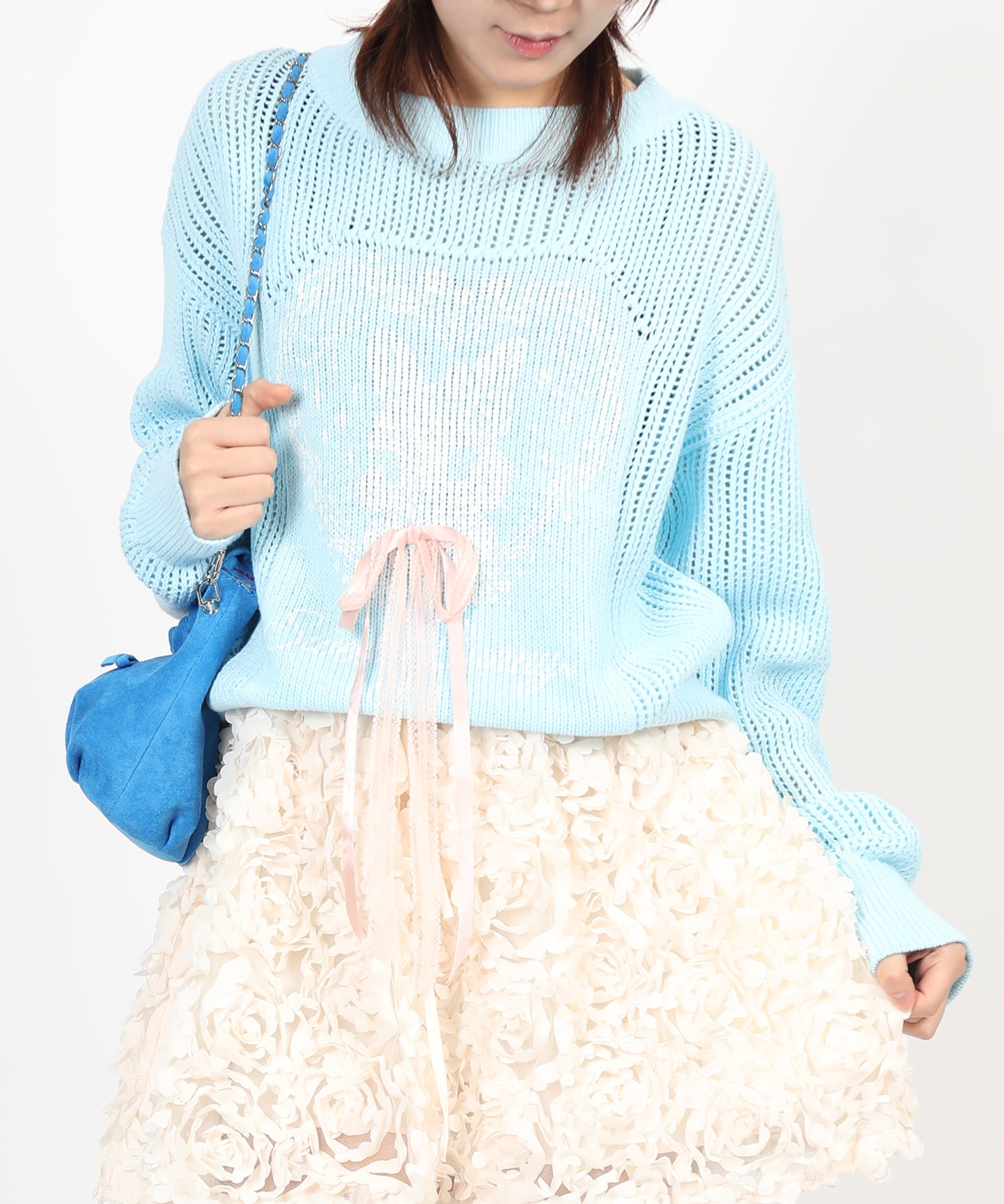 HOOK for girls ハートうさぎ透かし編みリボン付きニットプルオーバー