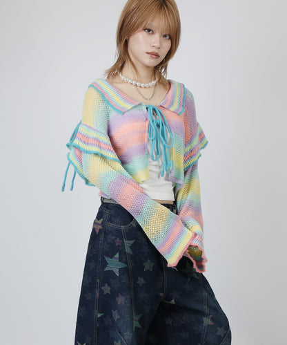 HOOK for girls　透かし編みマルチカラーフリルニットカーディガン