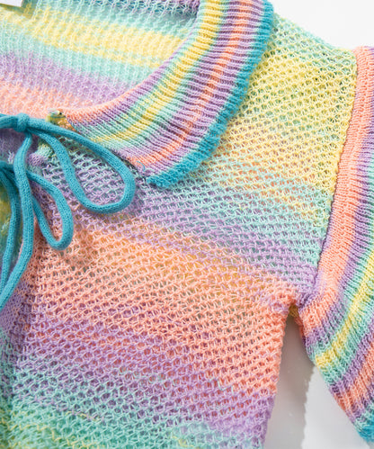 HOOK for girls　透かし編みマルチカラーフリルニットカーディガン