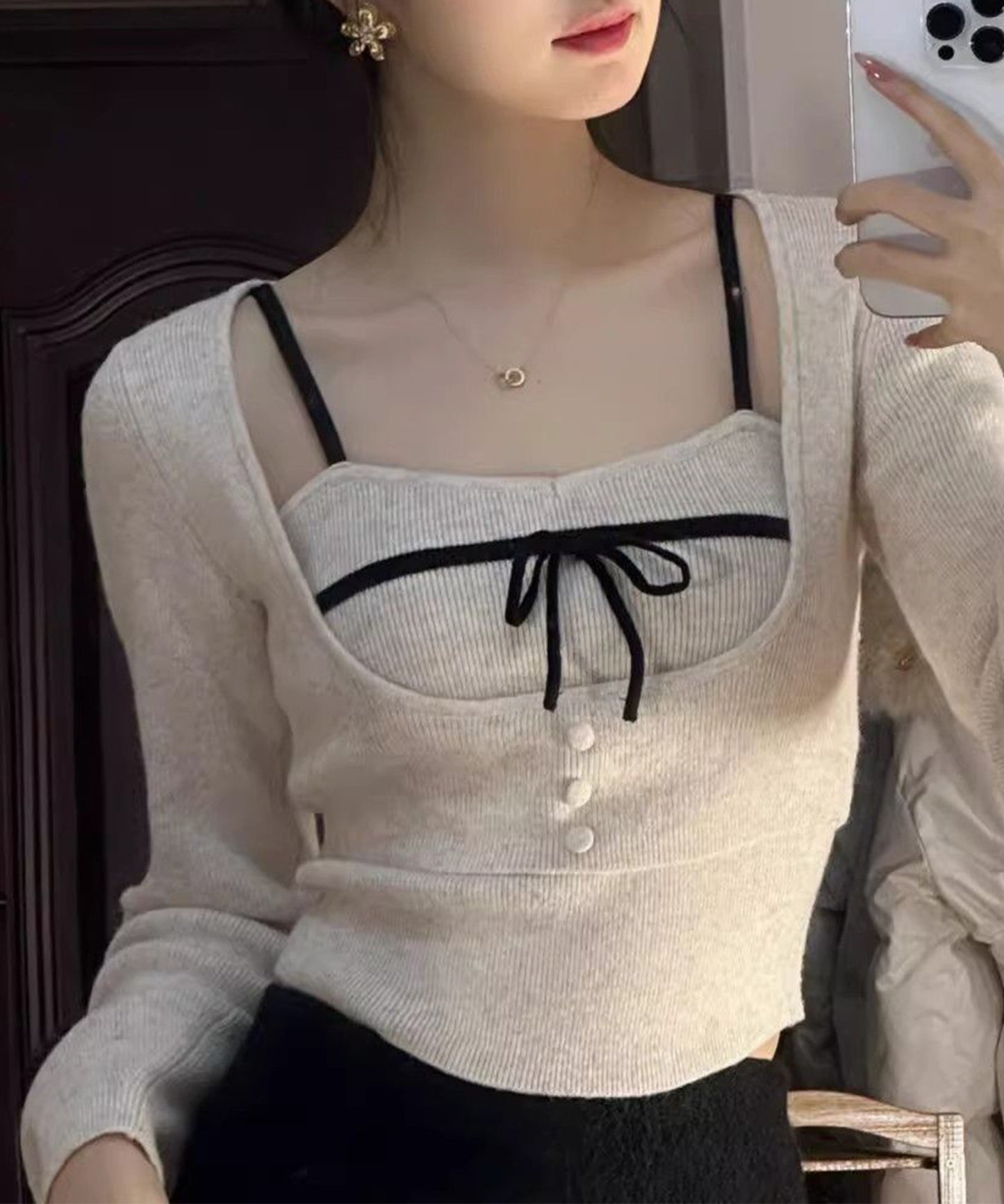 【Jasmine】 アンサンブル リボンキャミソール+ニットトップス