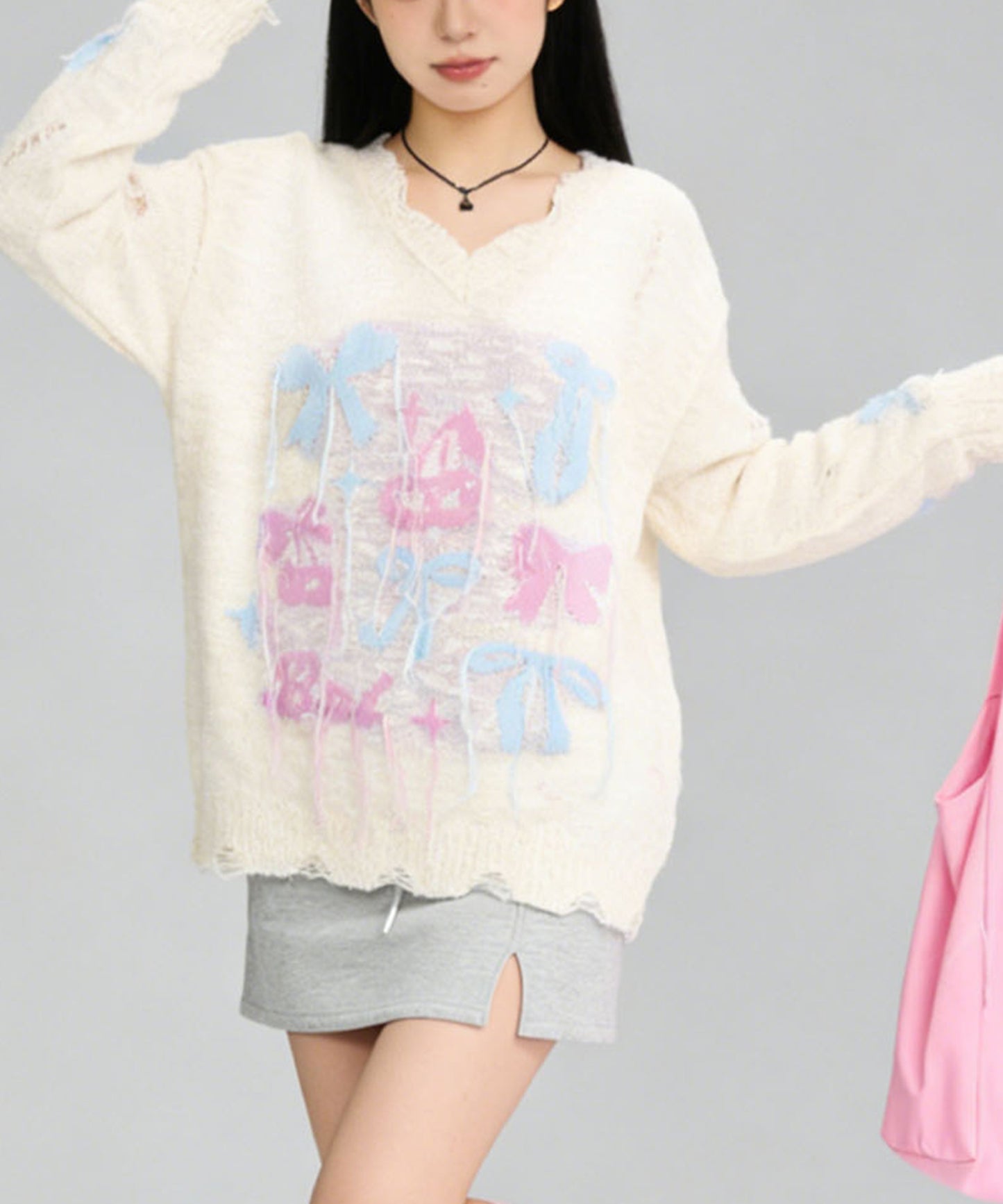 HOOK for girls　フリンジリボン柄 透かし編みサマーニット