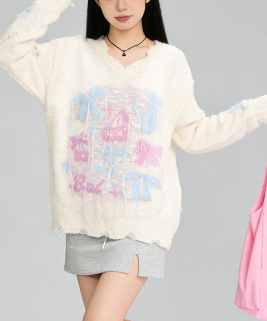 HOOK for girls　フリンジリボン柄 透かし編みサマーニット